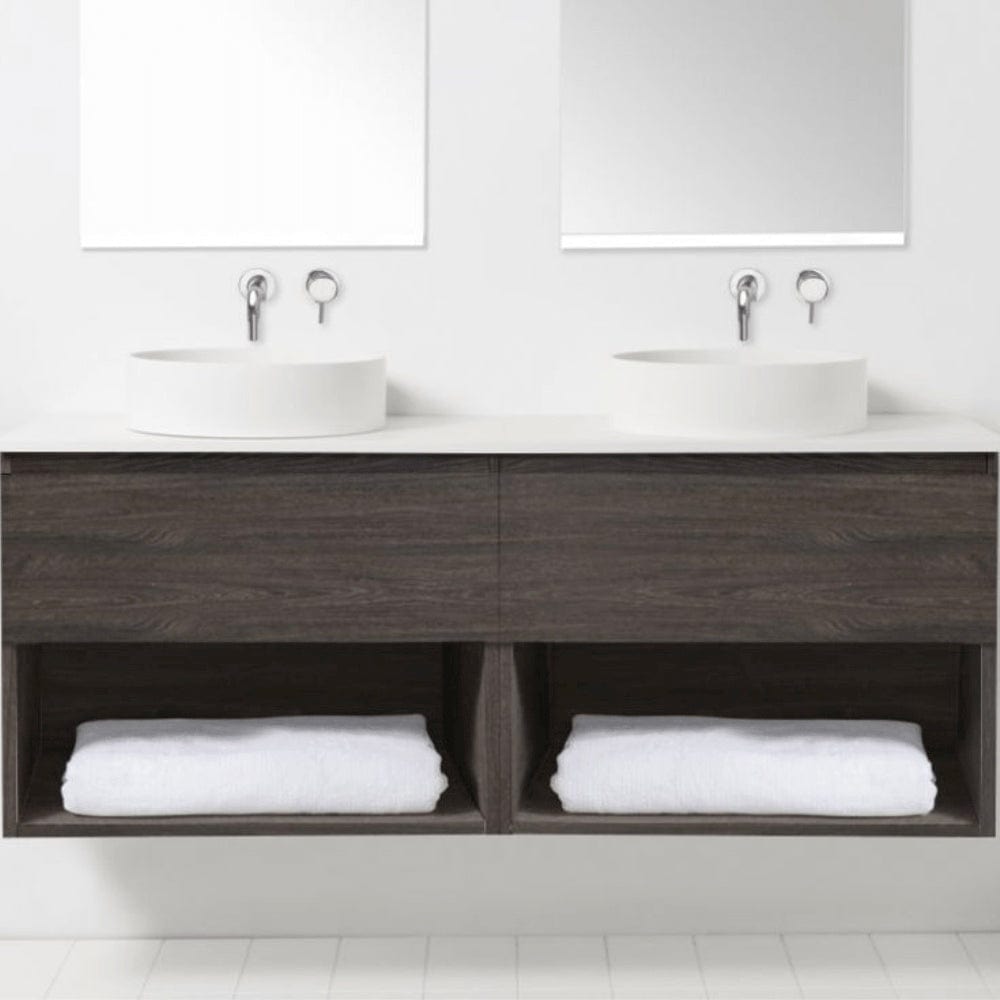 Bath & Co Vanity VCBC Soft Solid Surface 1550 Wall Vanity | 2 Basins, 2 Drawers + Shelves
