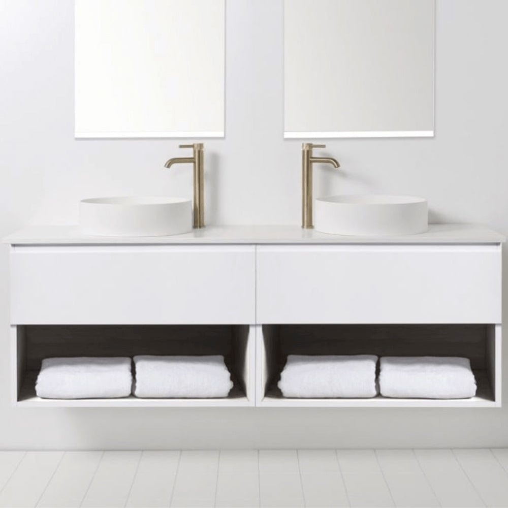 Bath Co Vanity VCBC Soft Solid Surface 1760 Wall Vanity | 2 Basins, 2 Drawers + Shelves
