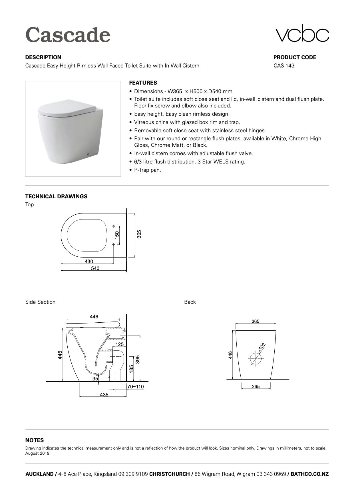 Bath & Co Toilet Suite VCBC Cascade Easy Height Rimless Wall-Faced Toilet Suite with Cistern & Flush Panel