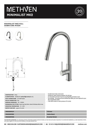 Methven Methven Minimalist MK2 Pull Down Sink Mixer | Brushed Nickel